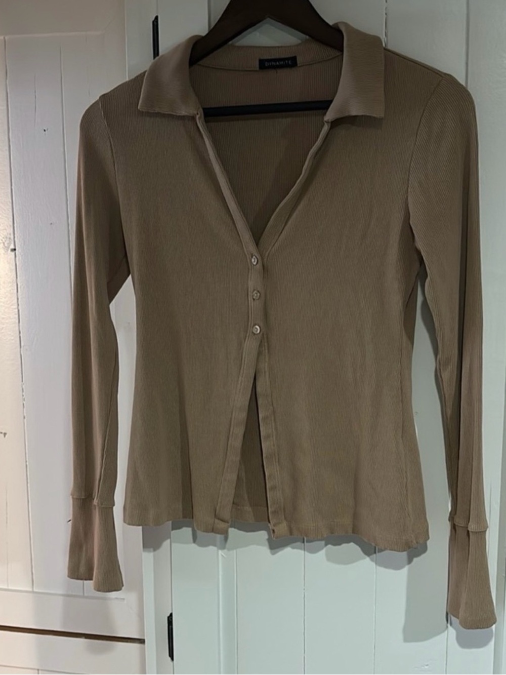 Dynamite Ribbed Taupe Button-Front Collared Knit Top - Picture 2 of 6